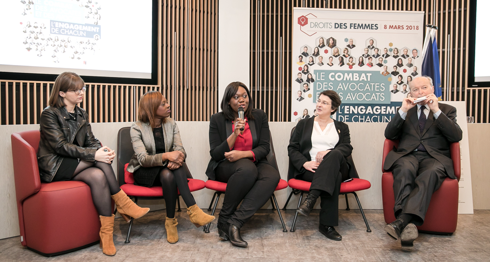 Aurore Bergé, Sira Sylla, Laetitia Avia, Muriel Ressiguier et Jacques Toubon au Conseil national des barreaux 8 mars 2018