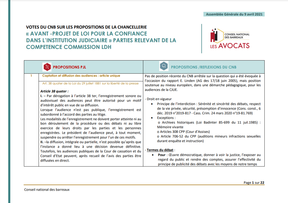 Proposition du CNB - PJL confiance dans l'institution judiciaire 